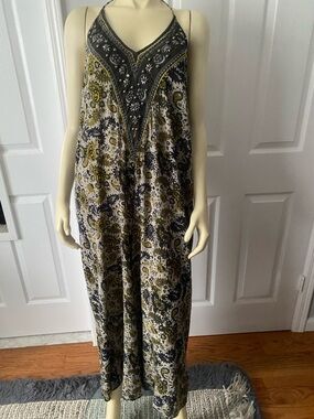 Boho Beaded V-Neck Maxi Jumpsuit in Olive / Size small